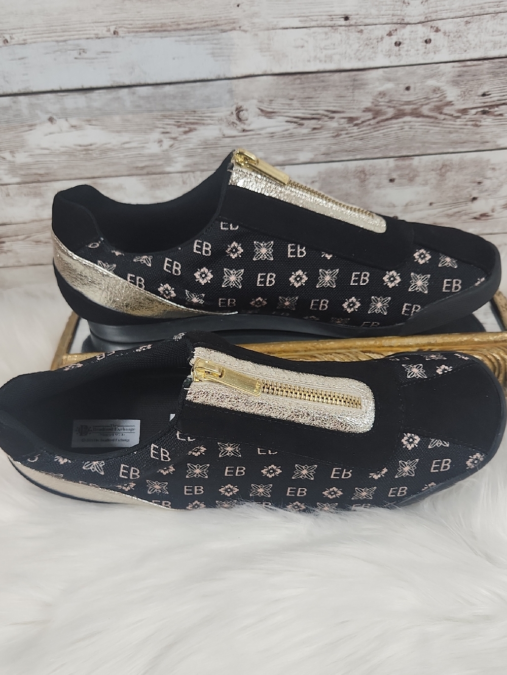 Women's Black & Gold Slip-On Sneakers with Top Zip